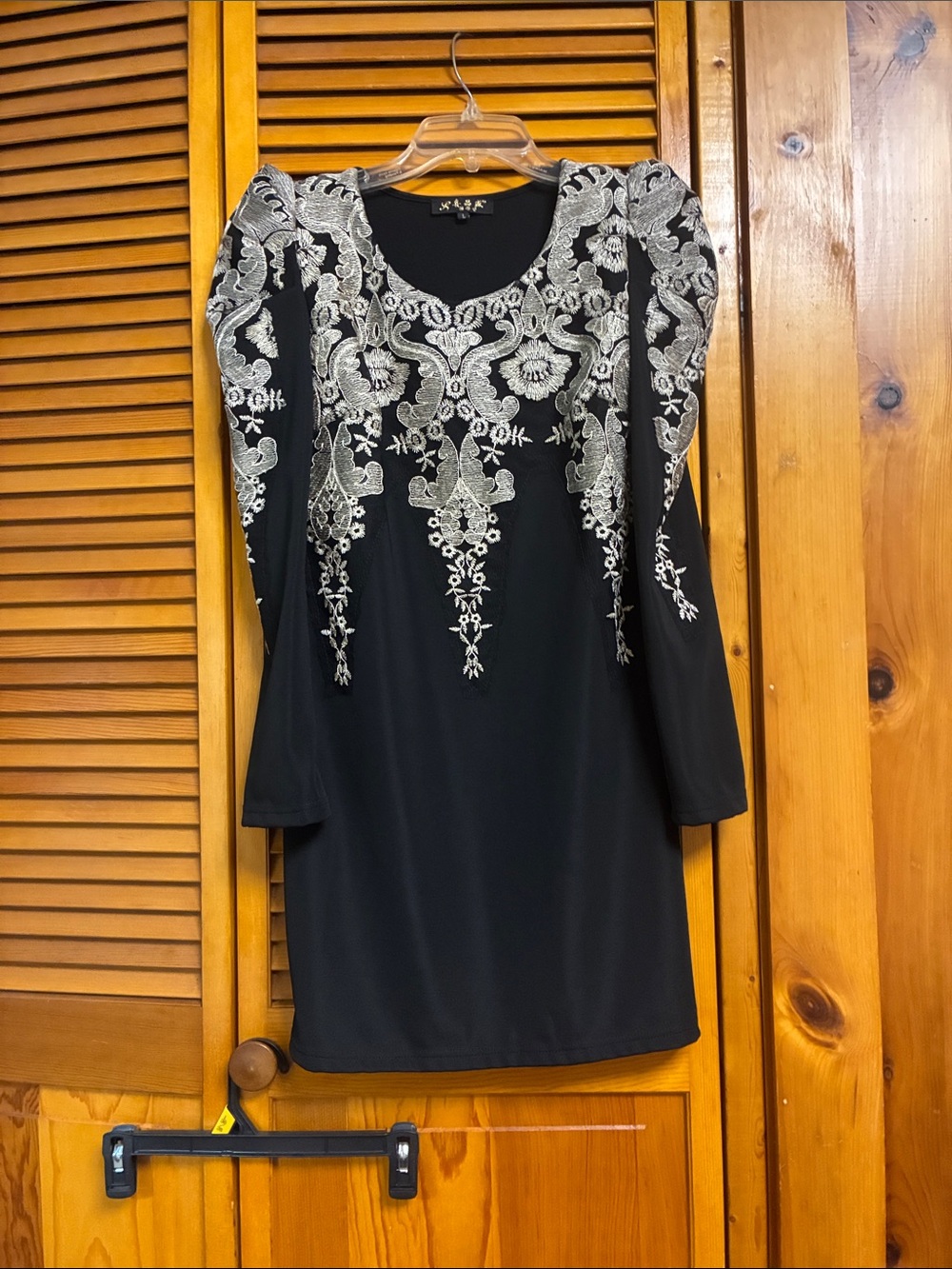 Black Long Sleeve Dress with Silver Embroidered Detail length 31” pit to pit 17”